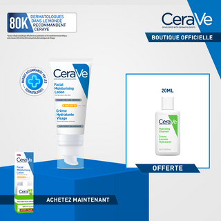 CeraVe Crème Hydratante Visage SPF 50 Peaux Normales À Sèches 52ml = crème lavante 20ml + crème hydratante 3ml OFFERTES