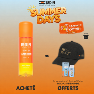 ISDIN FOTOPROTECTOR HYDRO OIL SPF 30 200 ml = casquette +Fusion Water MAGIC SPF50 10ML OFFERTS