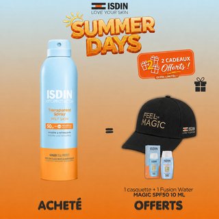 ISDIN FOTOPROTECTOR SPRAY TRANSPARENT ADULTE SPF50 250ML = casquette +Fusion Water MAGIC SPF50 10ML OFFERTS