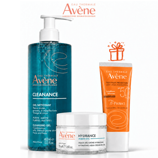 Avène Cleanance Gel Nettoyant 400 ml + Hydrance Aqua-Gel 50 ml = B-Protect SPF50+ 30 ml Offert