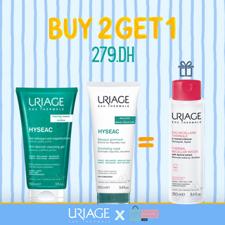 Uriage Hyséac Gel Nettoyant 150ml + Hyséac Masque Gommant 100ml = Eau Micellaire Thermale à l'Extrait d'Abricot 250ml Offerte
