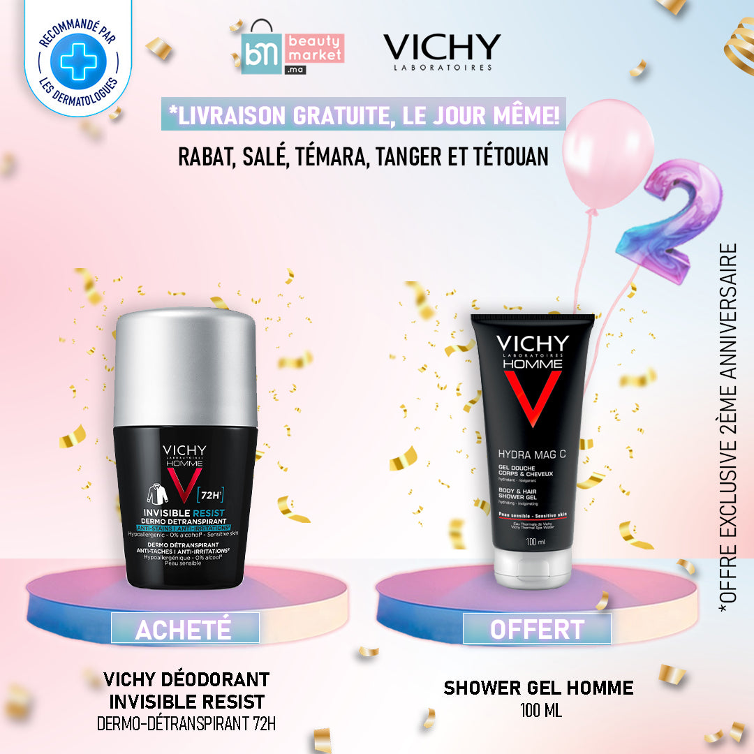 VICHY DÉODORANT DERMO-DÉTRANSPIRANT INVISIBLE PROTECT 72H ANTI-TACHES ANTI-IRRITATIONS + SHOWER GEL HOMME 100ML OFFERT