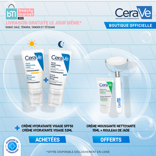 Cerave CREME HYDRATANTE VISAGE SPF 50 +Crème Hydratante Visage 52 ml = Crème Moussant Nettoyante 15ml + Rouleau de Jade OFFERTS