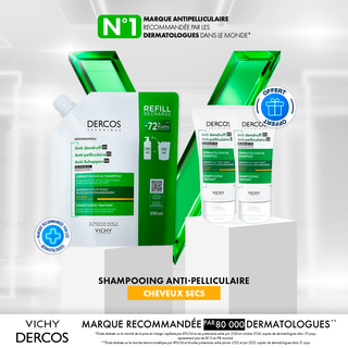 Vichy Dercos Eco-Recharge Shampooing Antipelliculaire Cheveux Secs 390ml = Format Voyage 50 Ml*2 Offerts