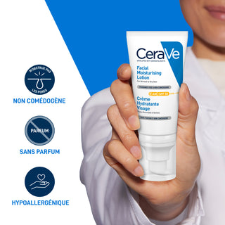 CeraVe Crème Hydratante Visage SPF 50 Peaux Normales À Sèches 52ml = creme hydratant + Lotion +trousse offerts