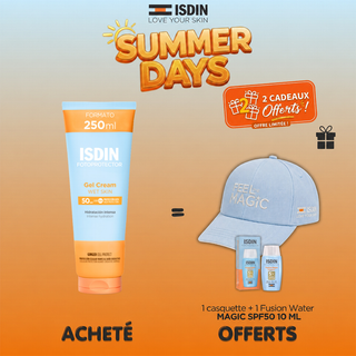 ISDIN FOTOPROTECTOR GEL CREAM SPF 50+ PROTECTEUR CORPS = casquette +Fusion Water MAGIC SPF50 10ML OFFERTS