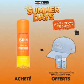 ISDIN FOTOPROTECTOR HYDRO OIL SPF 30 200 ml = casquette +Fusion Water MAGIC SPF50 10ML OFFERTS