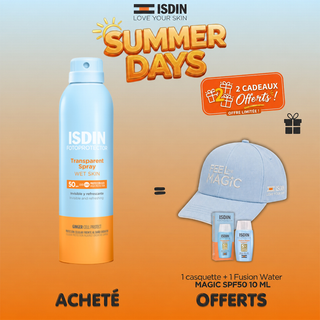 ISDIN FOTOPROTECTOR SPRAY TRANSPARENT ADULTE SPF50 250ML = casquette +Fusion Water MAGIC SPF50 10ML OFFERTS