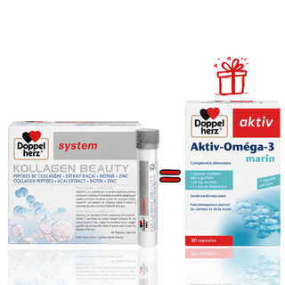 Pack Doppelherz Kollagen Beauty 30 flacons + Aktiv Oméga-3 30 capsules offerte