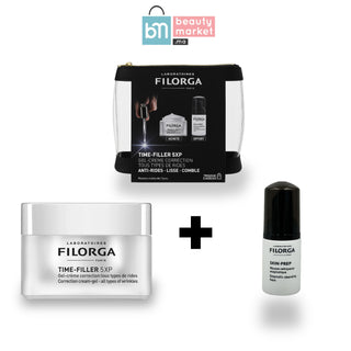Coffret FILORGA Time-Filler 5XP Gel-Crème 50 ml + Skin-Prep trousse – soin anti-âge rides 5 dimensions, parapharmacie Maroc, Beautymarket.ma