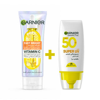 Garnier Pack Fast Bright Serum Cleanser Vitamin C 100ml + Super uv invisible sunscreen spf 50