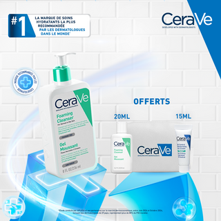 Cerave gel moussant nettoyant peau normale à grasse 473ml = Gel moussant 20ML + gel creme hydratant 15ml + Trousse OFFERTS