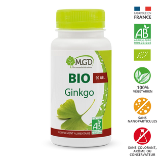 MGD Bio Ginkgo Biloba 90 gélules, complément alimentaire biologique pour mémoire et circulation, BeautyMarket parapharmacie Maroc.