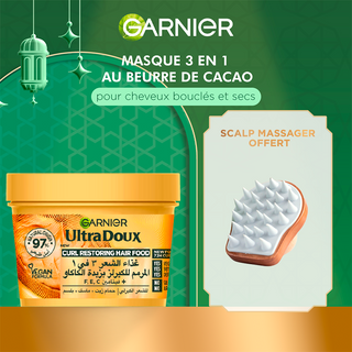 Garnier Ultra Doux Hair Food Masque au beurre de cacao pour cheveux bouclés – 390ml = Scalp Massage OFFERT