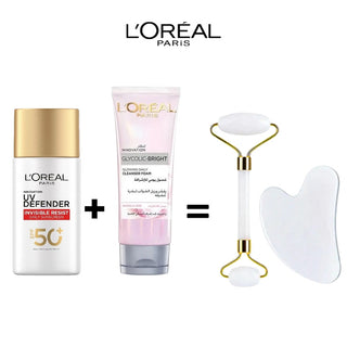 L'ORÉAL PARIS UV DEFENDER INVISIBLE RESISTE SPF 50 + CLEANSER GLYCO BRIGHT = COFFRET GUASHA OFFERT
