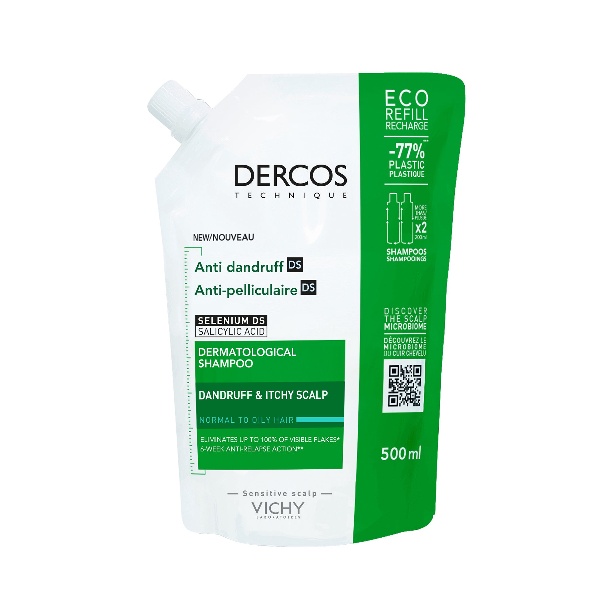 VICHY DERCOS TECHNIQUE ECO-RECHARGE SHAMPOOING ANTIPELLICULAIRE DS - CHEVEUX NORMAUX A GRAS 500ML