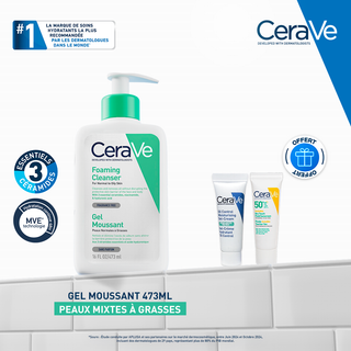 Cerave gel moussant nettoyant peau normale à grasse 473ml = oil control 3ml + fluide SPF50 3ml offerts