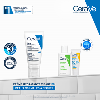Cerave crème hydratante visage Pm 52 ml = creme lavant 20 ml + fluide spf50 3ml offerts