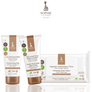 Sophie la Girafe Pack Bébé – Gel Lavant 100 ml + Lait Hydratant 100 ml + Lingettes x60