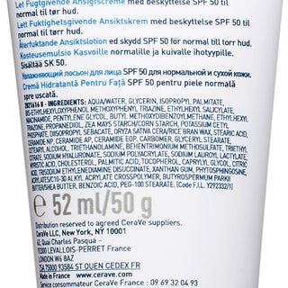 CeraVe Crème Hydratante Visage SPF 50 Peaux Normales À Sèches 52ml