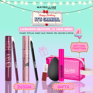Maybelline Pack Duo Sky High – Mascara BOURGOGNE & Noir + Tattoo Liner AURORA FLIP & Noir = Trousse + 3 Cadeaux OFFERTS