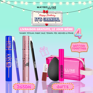 Maybelline Pack Duo Sky High – Mascara Bleu & Noir + Tattoo Liner Bleu & Noir = Trousse + 3 Cadeaux OFFERTS
