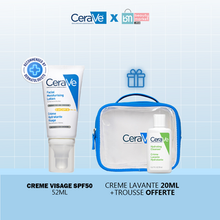 CeraVe Crème Hydratante Visage SPF 50 Peaux Normales À Sèches 52ml = Crème Lavante 20ml + Trousse OFFERTES