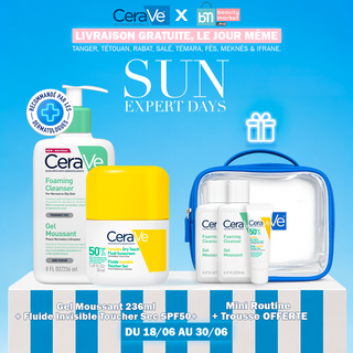 CeraVe Pack Été Gel Moussant 236 ml + Fluide Invisible Toucher Sec SPF50 50 ml + Trousse + 3 Cadeaux Offerts