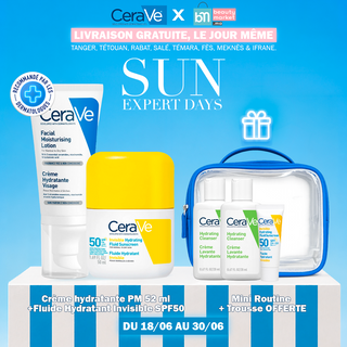 CeraVe Crème Hydratante Visage PM 52 ml + Fluide Hydratant Invisible SPF50 50 ml = Trousse + 3 Cadeaux Offerts