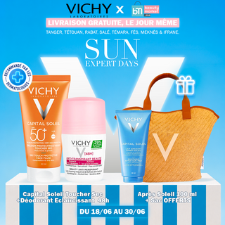 Vichy Pack Summer Essentials Capital Soleil Émulsion Toucher Sec Mixte à Gras + déodorant Eclaircissant