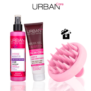 Pack Urban Care Intense Keratin Leave-In Conditioner et Argan Oil & Keratin Oil-In-Cream avec brosse de massage cuir chevelu offerte - Beautymarket Maroc