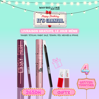 Maybelline Pack Duo Sky High – Mascara BOURGOGNE & Noir + Tattoo Liner AURORA FLIP & Noir = 2*Mini SuperStay OFFERTS