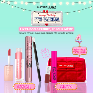 Maybelline Pack Beauté Complet – Lifter Gloss, Sky High, Tattoo Liner = Minis + Trousse Offerts