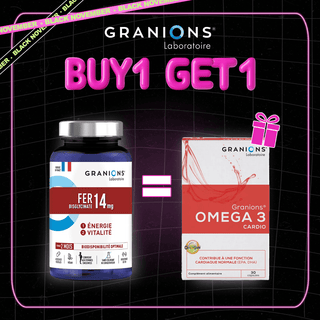Granions Fer Bisglycinate 14 mg 60 gélules + Oméga 3 Cardio offert – fer et vitalité, parapharmacie Granions Maroc