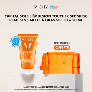 CAPITAL SOLEIL ÉMULSION TOUCHER SEC SPF50  PEAU SENS MIXTE À GRAS SPF 50 – 50 ml =  Trousse OFFERTE