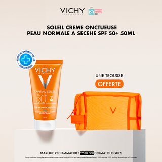 VICHY CAPITAL SOLEIL CREME ONCTUEUSE PEAU NORMALE A SECEHE SPF 50+ 50ML = Trousse offerte
