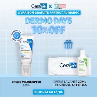 CeraVe Crème Hydratante Visage SPF 50 Peaux Normales À Sèches 52ml = Creme Lavante 20ml + Headband Offertes