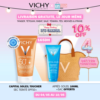 VICHY CAPITAL SOLEIL ÉMULSION TOUCHER SEC SPF50 MIXTE À GRAS TEINTÉE = APRES-SOLEIL 100ML + SAC OFFERTS