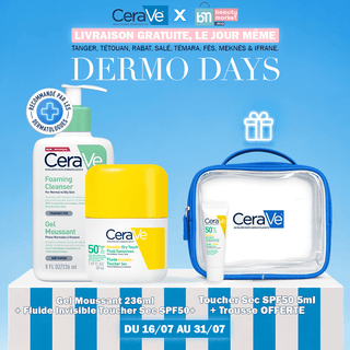 CeraVe Pack Été Gel Moussant 236 ml + Fluide Invisible Toucher Sec SPF50 50 ml = Trousse + Toucher Sec SPF50 5ml Offerts