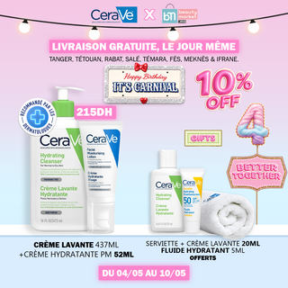 Cerave crème lavante hydratante 473 ml + crème hydratante pm 52 ml = Serviette + crème lavante 20ML + Fluide hydr 5Ml OFFERTS