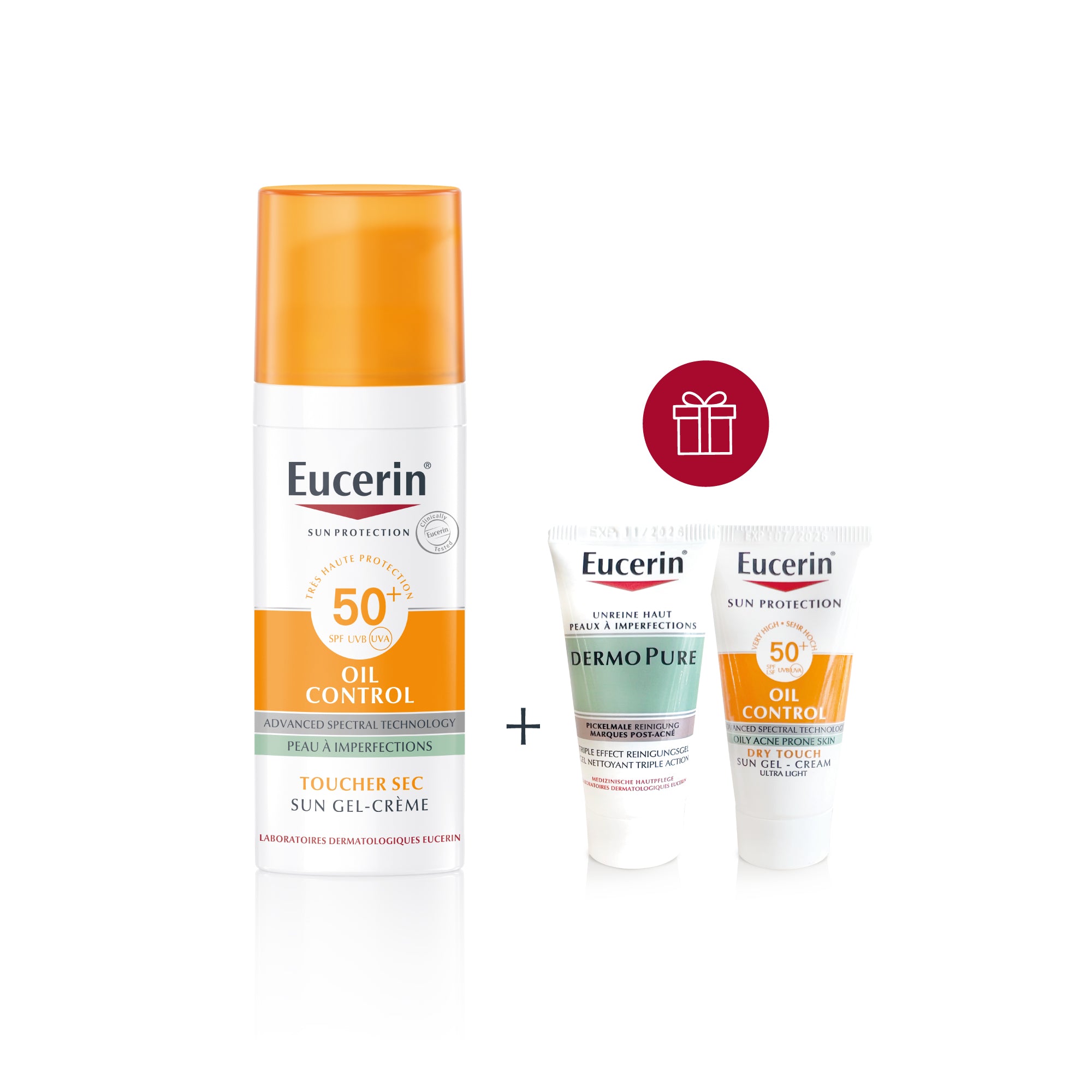 Eucerin – Sun Protection Oil Control Gel-Crème SPF50+ – 50 ml= Oil Control Toucher Sec 20ml + Dermopure Gel Nettoyant Triple Action 20ml OFFERTS