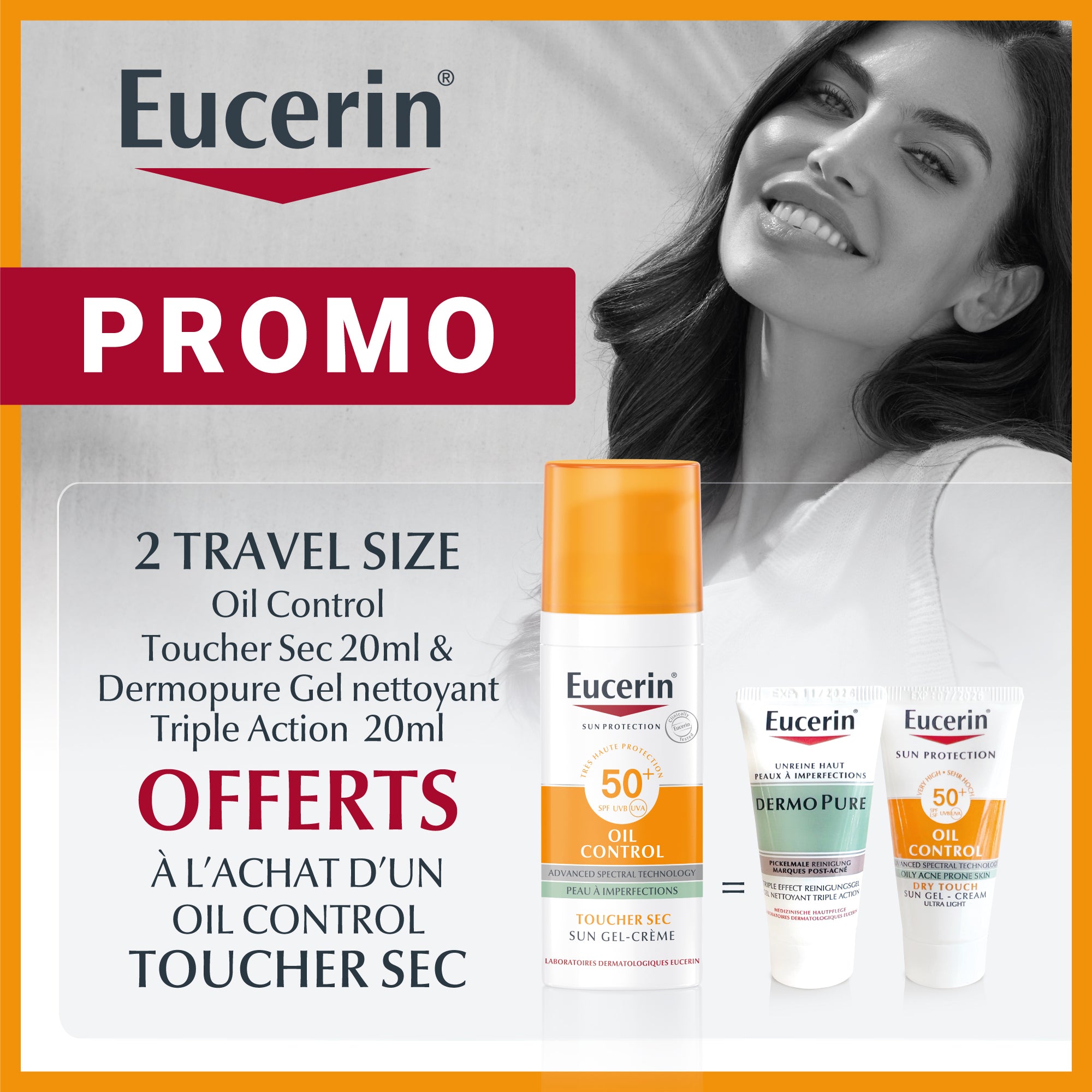 Eucerin – Sun Protection Oil Control Gel-Crème SPF50+ – 50 ml= Oil Control Toucher Sec 20ml + Dermopure Gel Nettoyant Triple Action 20ml OFFERTS