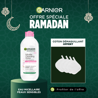 Garnier solution micellaire tout en 1 peaux sensibles 400ml = Coton disque offert