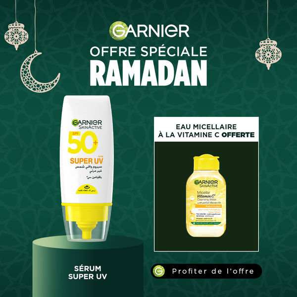 GARNIER SUPER UV INVISIBLE SERUM SUNSCREEN SPF 50 PA++++ UVA = EAU MICELLAIRE VITAMINE C OFFERTE