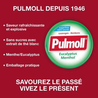 Pulmoll Eucalyptus Menthol Sans Sucres 45 g, boîte de pastilles rafraîchissantes sans sucres, BeautyMarket parapharmacie Maroc.