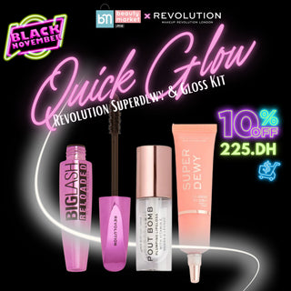 Quick Glow Revolution Superdewy & Gloss Kit – coffret maquillage blush gloss mascara Revolution Maroc, parapharmacie Beautymarket Maroc