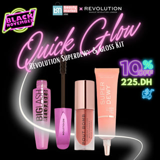 Quick Glow Revolution Superdewy & Gloss Kit – coffret maquillage blush gloss mascara Revolution Maroc, parapharmacie Beautymarket Maroc