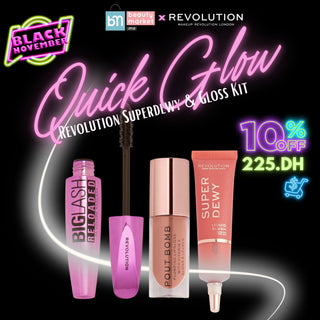 Quick Glow Revolution Superdewy & Gloss Kit – coffret maquillage blush gloss mascara Revolution Maroc, parapharmacie Beautymarket Maroc