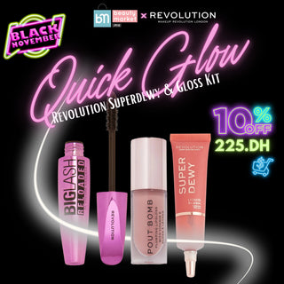 Quick Glow Revolution Superdewy & Gloss Kit – coffret maquillage blush gloss mascara Revolution Maroc, parapharmacie Beautymarket Maroc