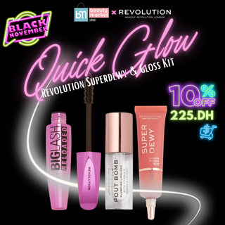 Quick Glow Revolution Superdewy & Gloss Kit – coffret maquillage blush gloss mascara Revolution Maroc, parapharmacie Beautymarket Maroc